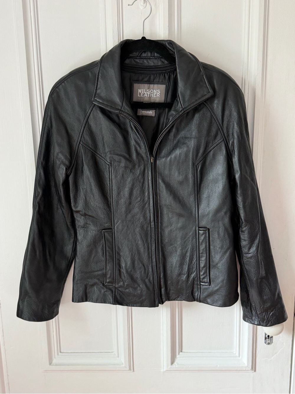 Women’s Wilson’s Black Leather Zip Up Jacket Front Slit Pockets Size Medium